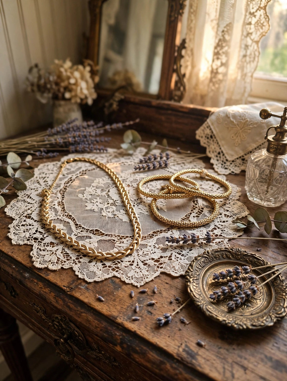 Braided Gold-Tone Chain Necklace with Textured Gold Bangle Trio