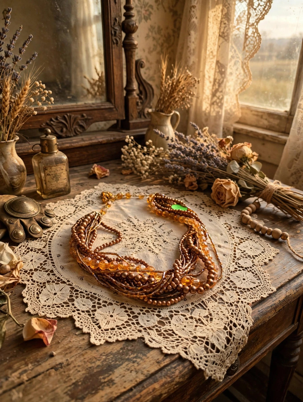 Amber and Gold Multi-Strand Beaded Necklace