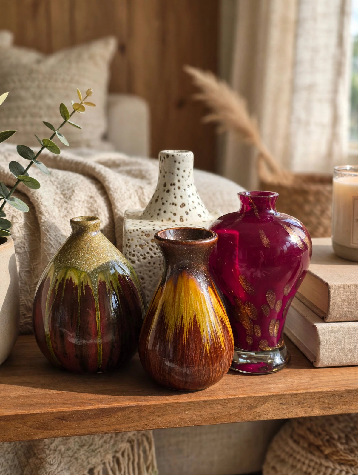 Group of 4 Small Vases - Square, Drip Glaze, and Glass